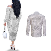Samoa White Sunday Couples Matching Off The Shoulder Long Sleeve Dress and Long Sleeve Button Shirts Manuia le Aso Sa o Tamaiti Polynesian Plumeria LT14 - Polynesian Pride