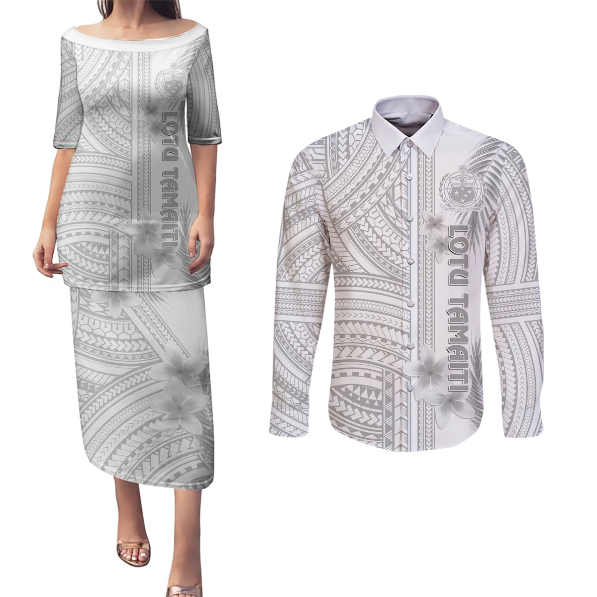 Samoa White Sunday Couples Matching Puletasi Dress and Long Sleeve Button Shirts Manuia le Aso Sa o Tamaiti Polynesian Plumeria LT14 White - Polynesian Pride