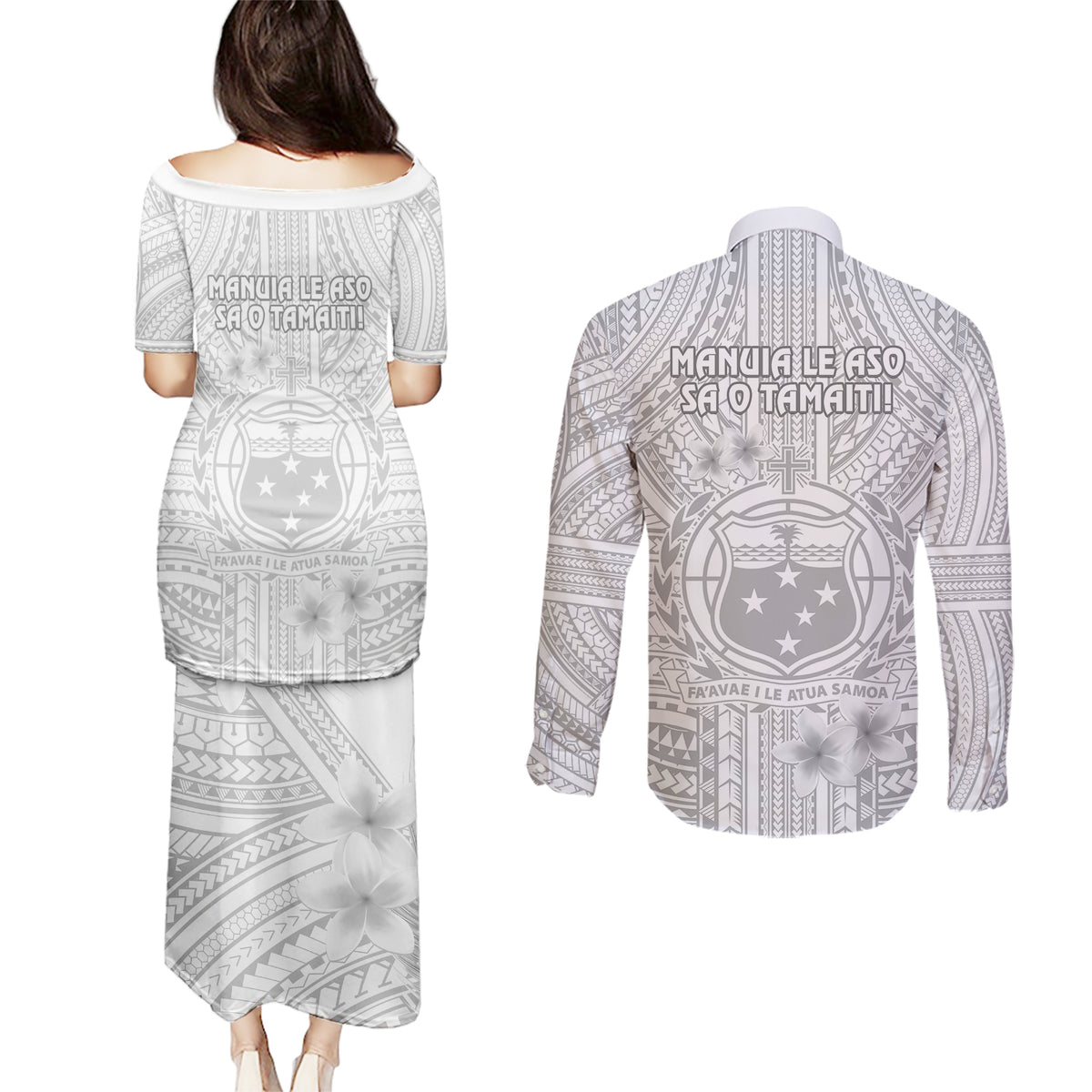 Samoa White Sunday Couples Matching Puletasi Dress and Long Sleeve Button Shirts Manuia le Aso Sa o Tamaiti Polynesian Plumeria LT14 - Polynesian Pride