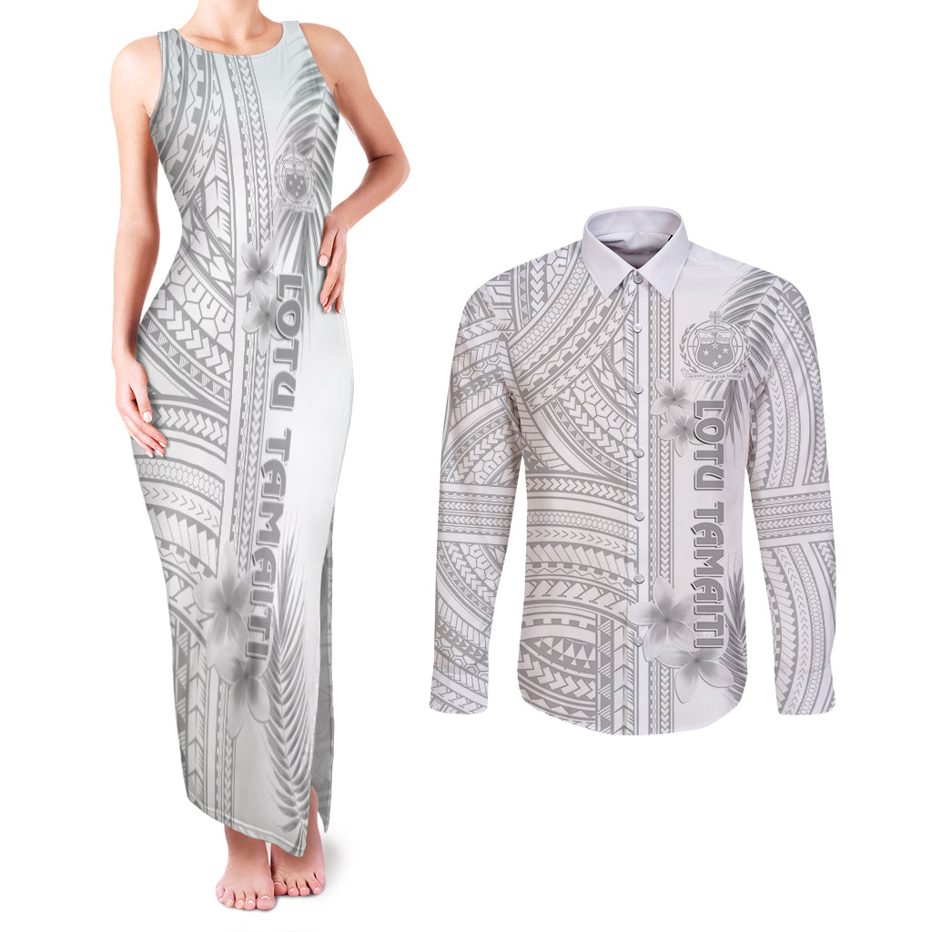 Samoa White Sunday Couples Matching Tank Maxi Dress and Long Sleeve Button Shirts Manuia le Aso Sa o Tamaiti Polynesian Plumeria LT14 White - Polynesian Pride