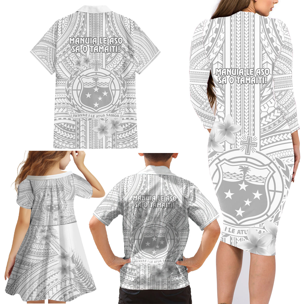Samoa White Sunday Family Matching Long Sleeve Bodycon Dress and Hawaiian Shirt Manuia le Aso Sa o Tamaiti Polynesian Plumeria LT14 - Polynesian Pride