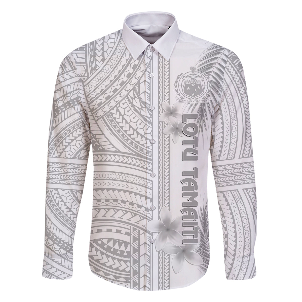 Samoa White Sunday Family Matching Off Shoulder Long Sleeve Dress and Hawaiian Shirt Manuia le Aso Sa o Tamaiti Polynesian Plumeria LT14 Dad's Shirt - Long Sleeve White - Polynesian Pride