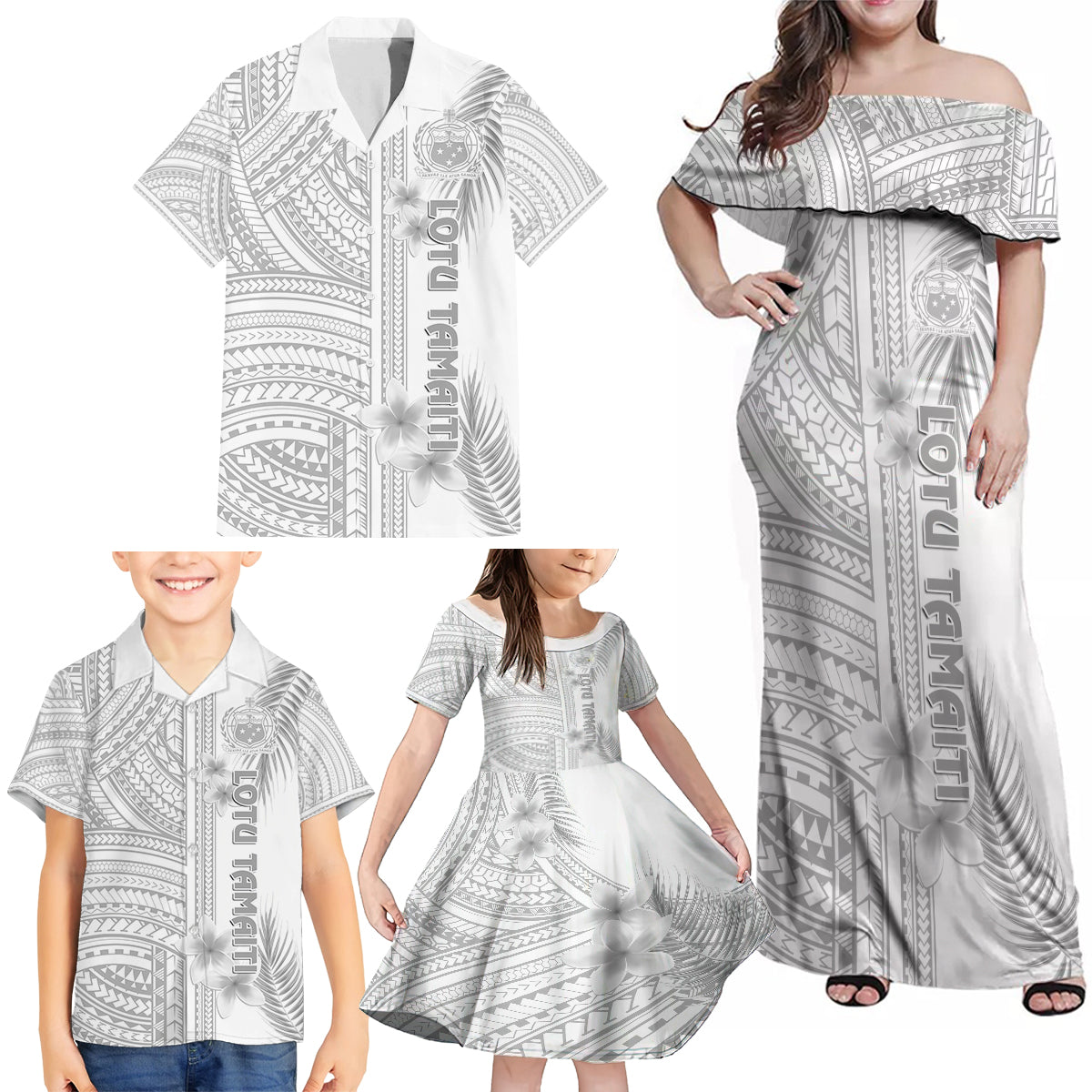 Samoa White Sunday Family Matching Off Shoulder Maxi Dress and Hawaiian Shirt Manuia le Aso Sa o Tamaiti Polynesian Plumeria LT14 - Polynesian Pride