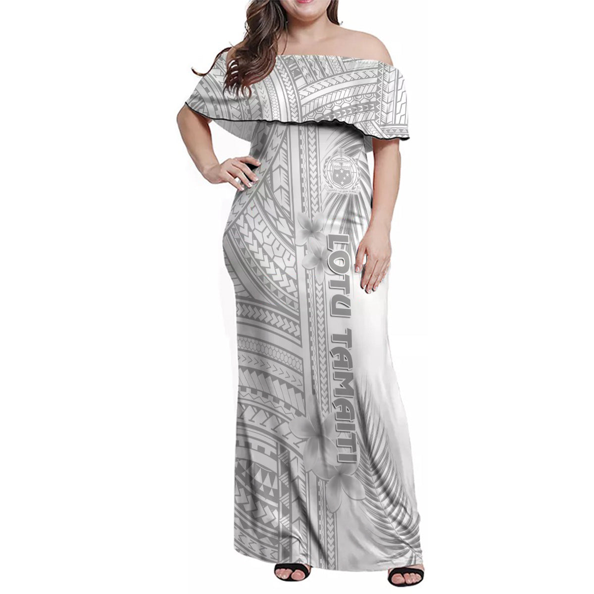 Samoa White Sunday Family Matching Off Shoulder Maxi Dress and Hawaiian Shirt Manuia le Aso Sa o Tamaiti Polynesian Plumeria LT14 Mom's Dress White - Polynesian Pride