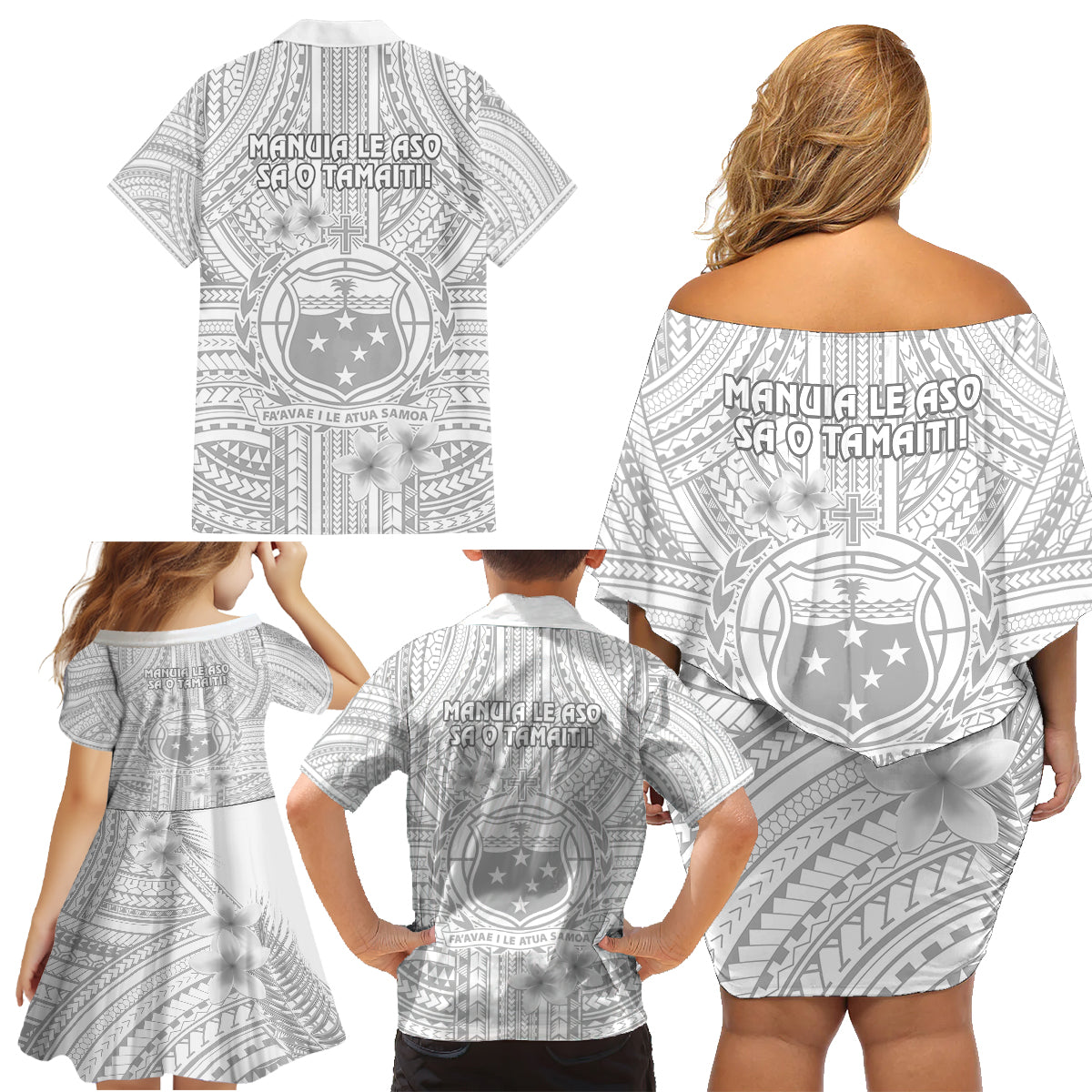 Samoa White Sunday Family Matching Off Shoulder Short Dress and Hawaiian Shirt Manuia le Aso Sa o Tamaiti Polynesian Plumeria LT14 - Polynesian Pride