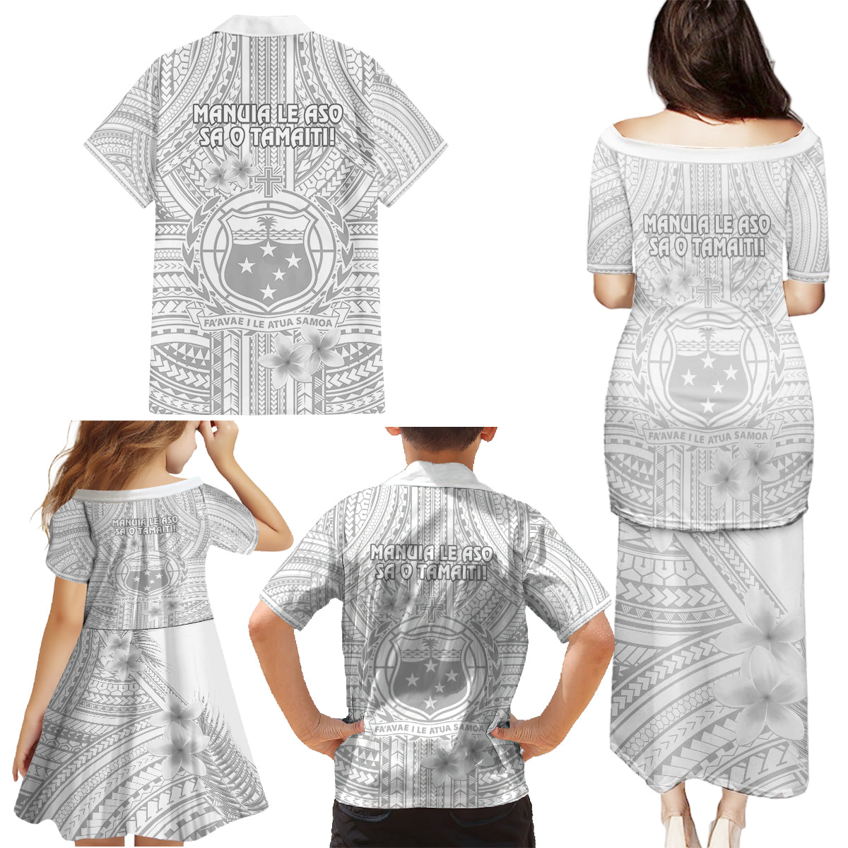 Samoa White Sunday Family Matching Puletasi Dress and Hawaiian Shirt Manuia le Aso Sa o Tamaiti Polynesian Plumeria LT14 - Polynesian Pride