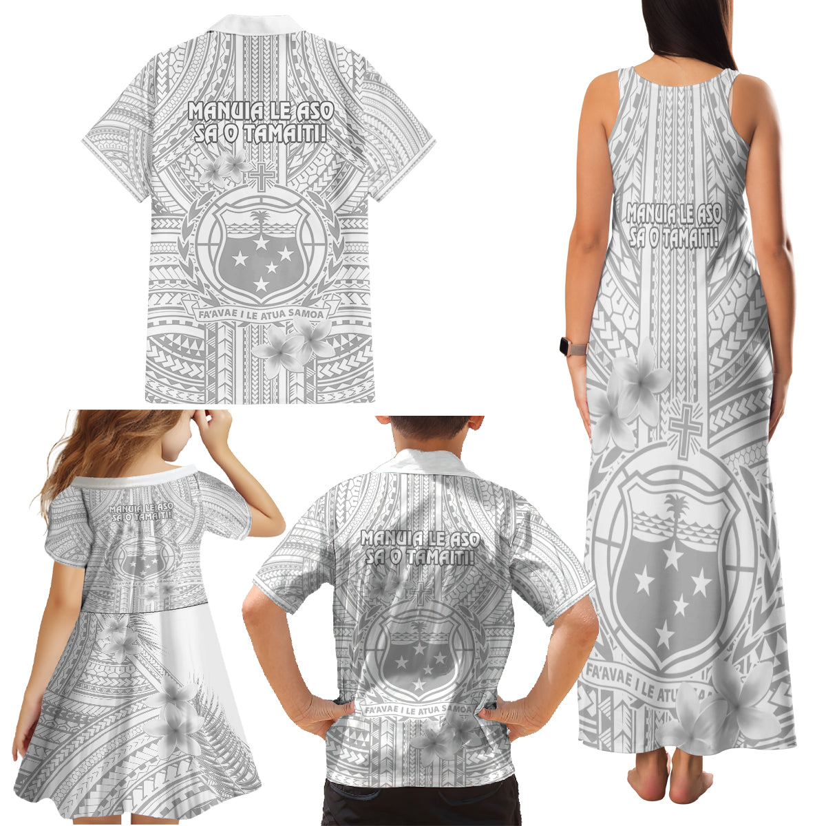 Samoa White Sunday Family Matching Tank Maxi Dress and Hawaiian Shirt Manuia le Aso Sa o Tamaiti Polynesian Plumeria LT14 - Polynesian Pride