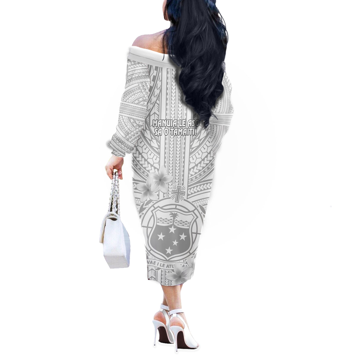 Samoa White Sunday Off The Shoulder Long Sleeve Dress Manuia le Aso Sa o Tamaiti Polynesian Plumeria LT14 - Polynesian Pride