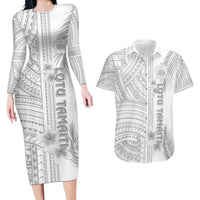 Personalised Samoa White Sunday Couples Matching Long Sleeve Bodycon Dress and Hawaiian Shirt Manuia le Aso Sa o Tamaiti Polynesian Plumeria LT14 White - Polynesian Pride