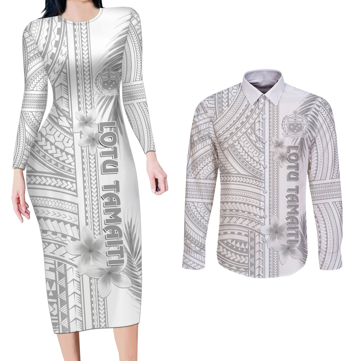 Personalised Samoa White Sunday Couples Matching Long Sleeve Bodycon Dress and Long Sleeve Button Shirts Manuia le Aso Sa o Tamaiti Polynesian Plumeria LT14 White - Polynesian Pride