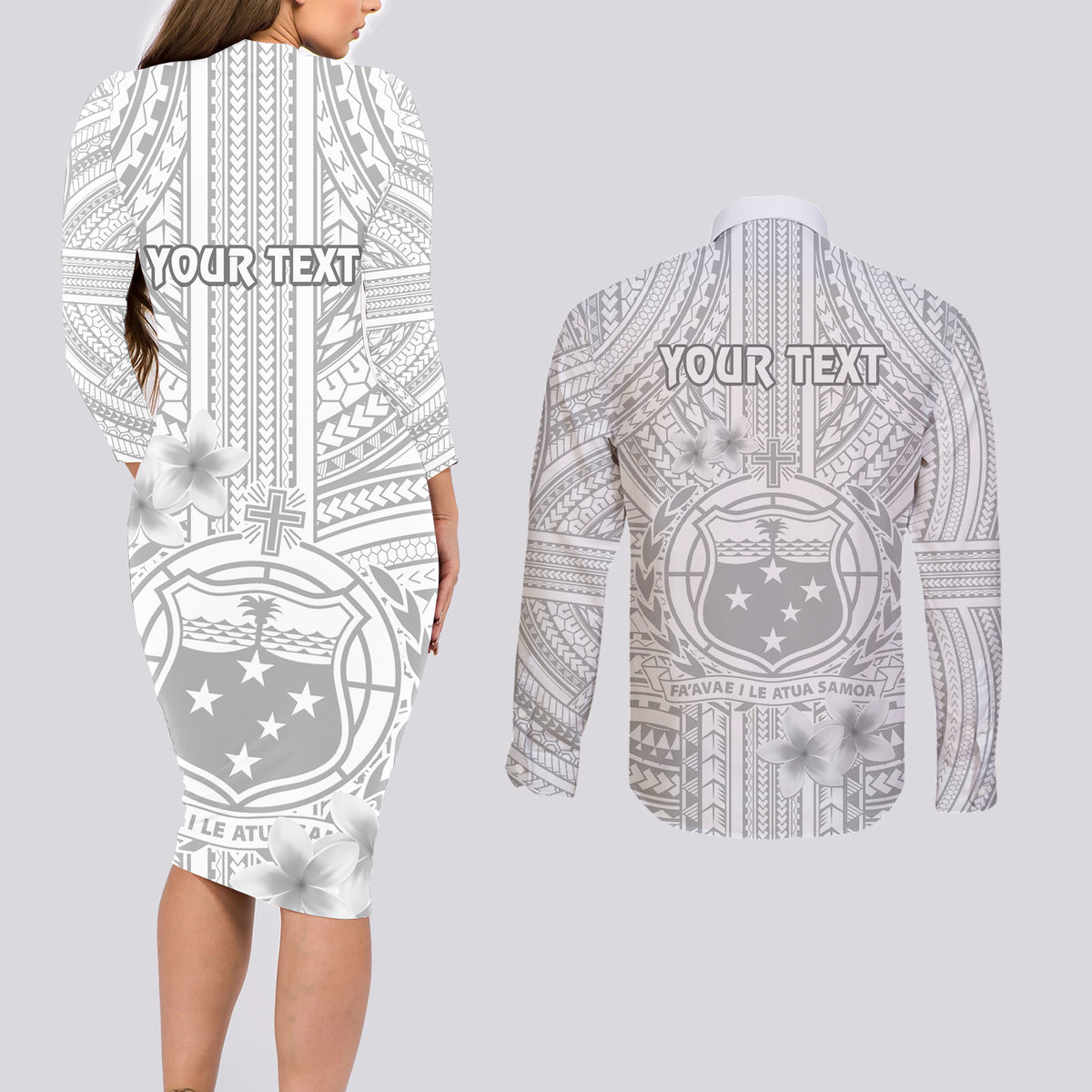 Personalised Samoa White Sunday Couples Matching Long Sleeve Bodycon Dress and Long Sleeve Button Shirts Manuia le Aso Sa o Tamaiti Polynesian Plumeria LT14 - Polynesian Pride