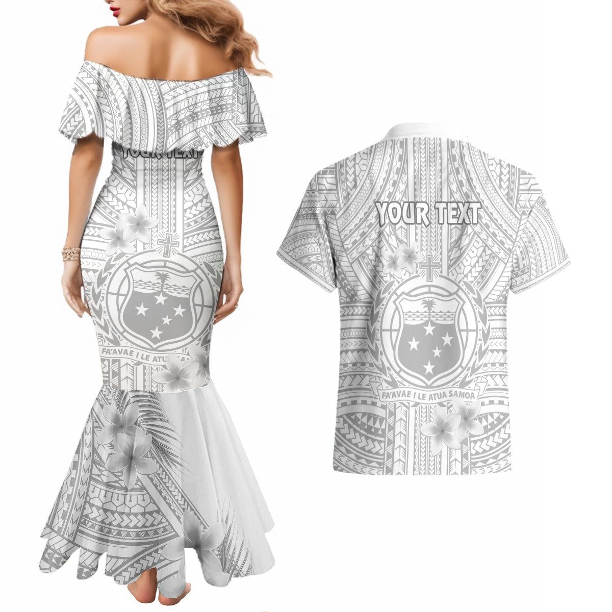 Personalised Samoa White Sunday Couples Matching Mermaid Dress and Hawaiian Shirt Manuia le Aso Sa o Tamaiti Polynesian Plumeria LT14 - Polynesian Pride