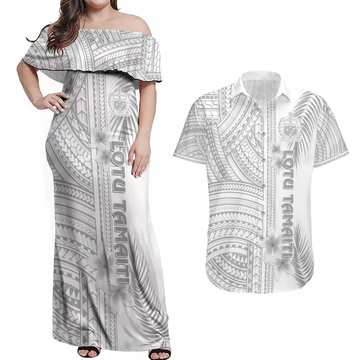 Personalised Samoa White Sunday Couples Matching Off Shoulder Maxi Dress and Hawaiian Shirt Manuia le Aso Sa o Tamaiti Polynesian Plumeria LT14 White - Polynesian Pride