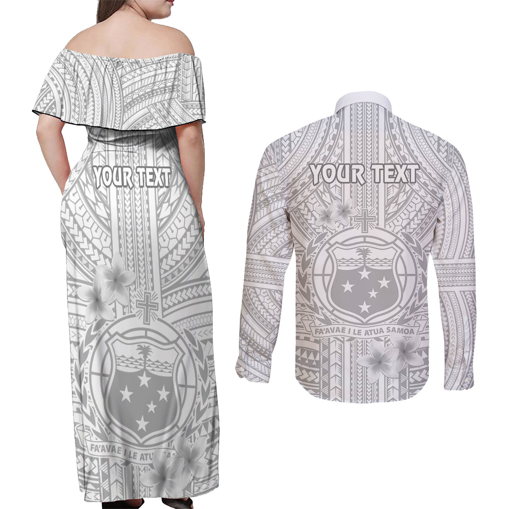 Personalised Samoa White Sunday Couples Matching Off Shoulder Maxi Dress and Long Sleeve Button Shirts Manuia le Aso Sa o Tamaiti Polynesian Plumeria LT14 - Polynesian Pride