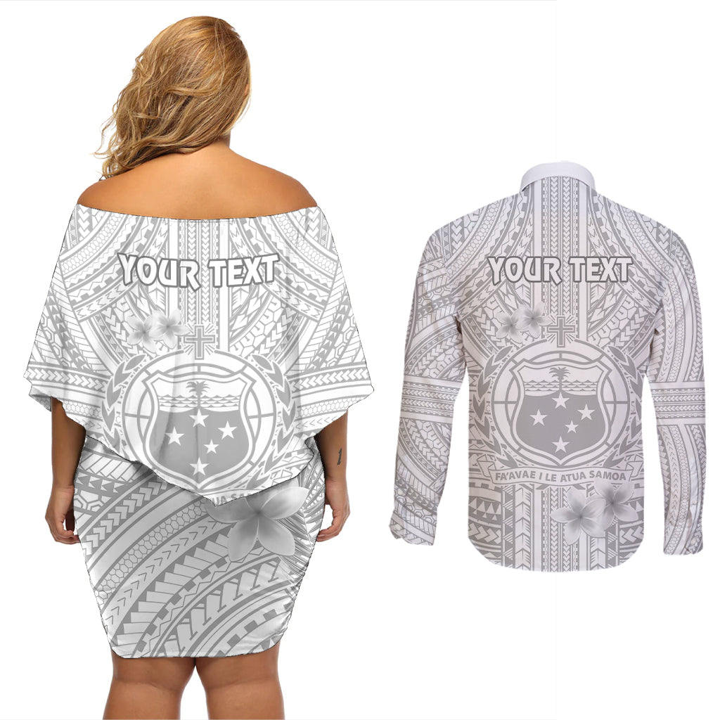 Personalised Samoa White Sunday Couples Matching Off Shoulder Short Dress and Long Sleeve Button Shirts Manuia le Aso Sa o Tamaiti Polynesian Plumeria LT14 - Polynesian Pride