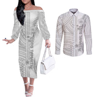 Personalised Samoa White Sunday Couples Matching Off The Shoulder Long Sleeve Dress and Long Sleeve Button Shirts Manuia le Aso Sa o Tamaiti Polynesian Plumeria LT14 White - Polynesian Pride