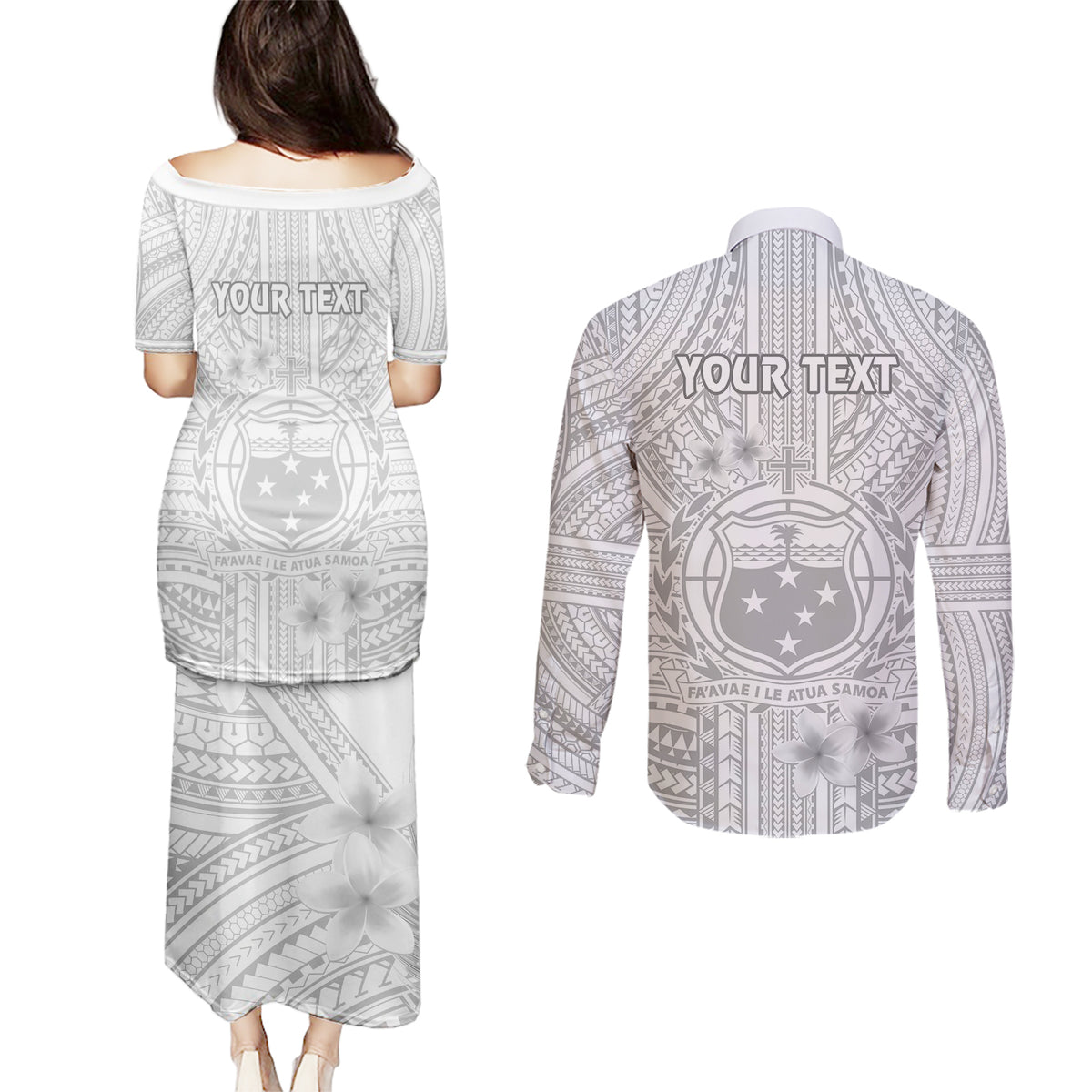 Personalised Samoa White Sunday Couples Matching Puletasi Dress and Long Sleeve Button Shirts Manuia le Aso Sa o Tamaiti Polynesian Plumeria LT14 - Polynesian Pride
