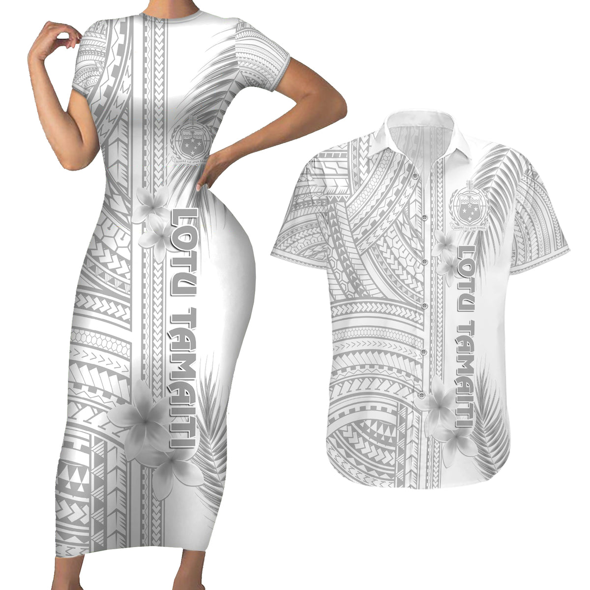Personalised Samoa White Sunday Couples Matching Short Sleeve Bodycon Dress and Hawaiian Shirt Manuia le Aso Sa o Tamaiti Polynesian Plumeria LT14 White - Polynesian Pride