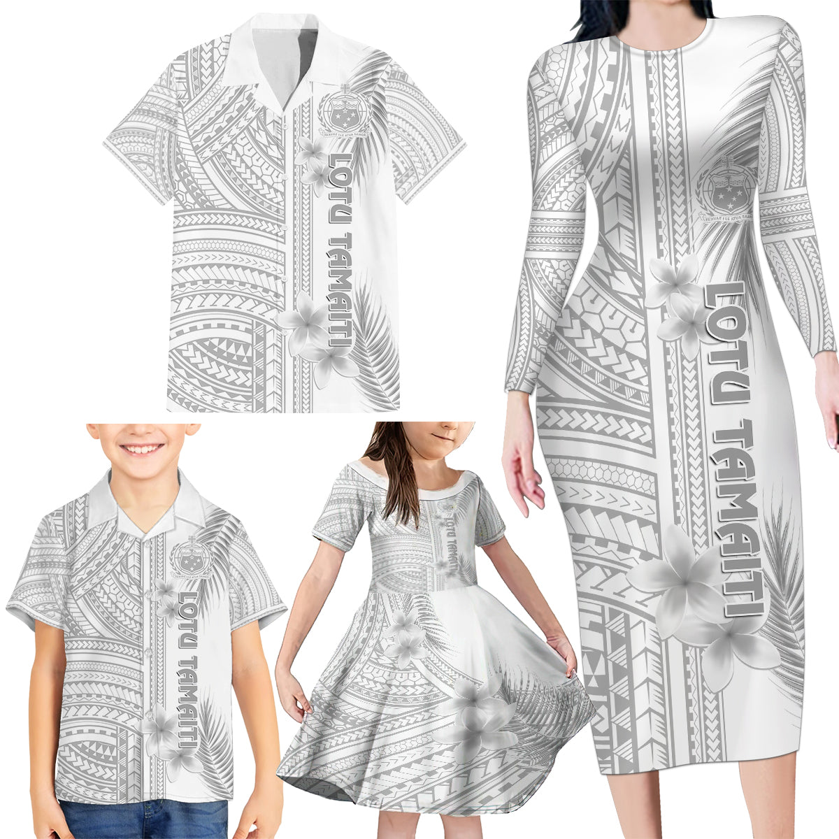 Personalised Samoa White Sunday Family Matching Long Sleeve Bodycon Dress and Hawaiian Shirt Manuia le Aso Sa o Tamaiti Polynesian Plumeria LT14 - Polynesian Pride