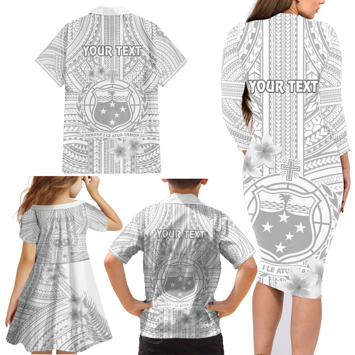 Personalised Samoa White Sunday Family Matching Long Sleeve Bodycon Dress and Hawaiian Shirt Manuia le Aso Sa o Tamaiti Polynesian Plumeria LT14 - Polynesian Pride