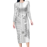 Personalised Samoa White Sunday Family Matching Long Sleeve Bodycon Dress and Hawaiian Shirt Manuia le Aso Sa o Tamaiti Polynesian Plumeria LT14 Mom's Dress White - Polynesian Pride