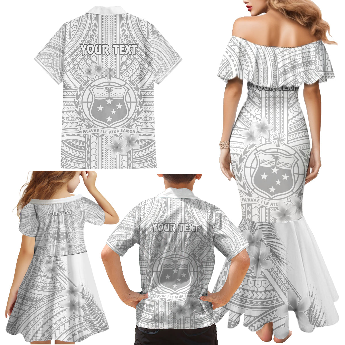 Personalised Samoa White Sunday Family Matching Mermaid Dress and Hawaiian Shirt Manuia le Aso Sa o Tamaiti Polynesian Plumeria LT14 - Polynesian Pride