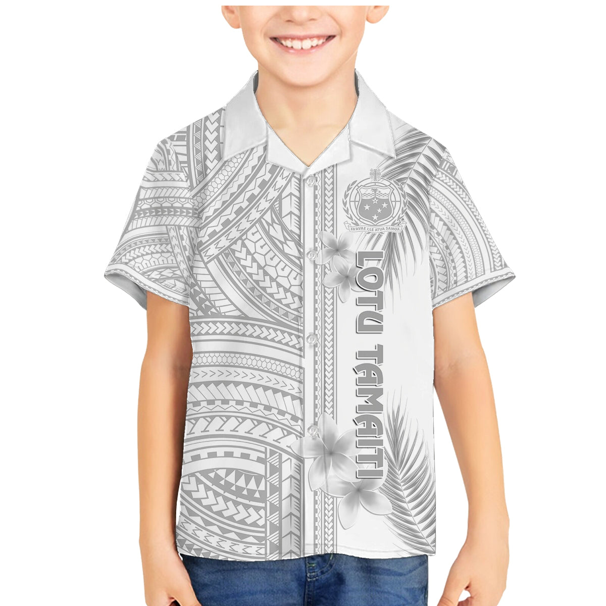 Personalised Samoa White Sunday Family Matching Mermaid Dress and Hawaiian Shirt Manuia le Aso Sa o Tamaiti Polynesian Plumeria LT14 Son's Shirt White - Polynesian Pride