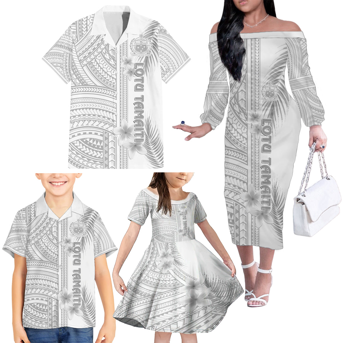 Personalised Samoa White Sunday Family Matching Off Shoulder Long Sleeve Dress and Hawaiian Shirt Manuia le Aso Sa o Tamaiti Polynesian Plumeria LT14 - Polynesian Pride