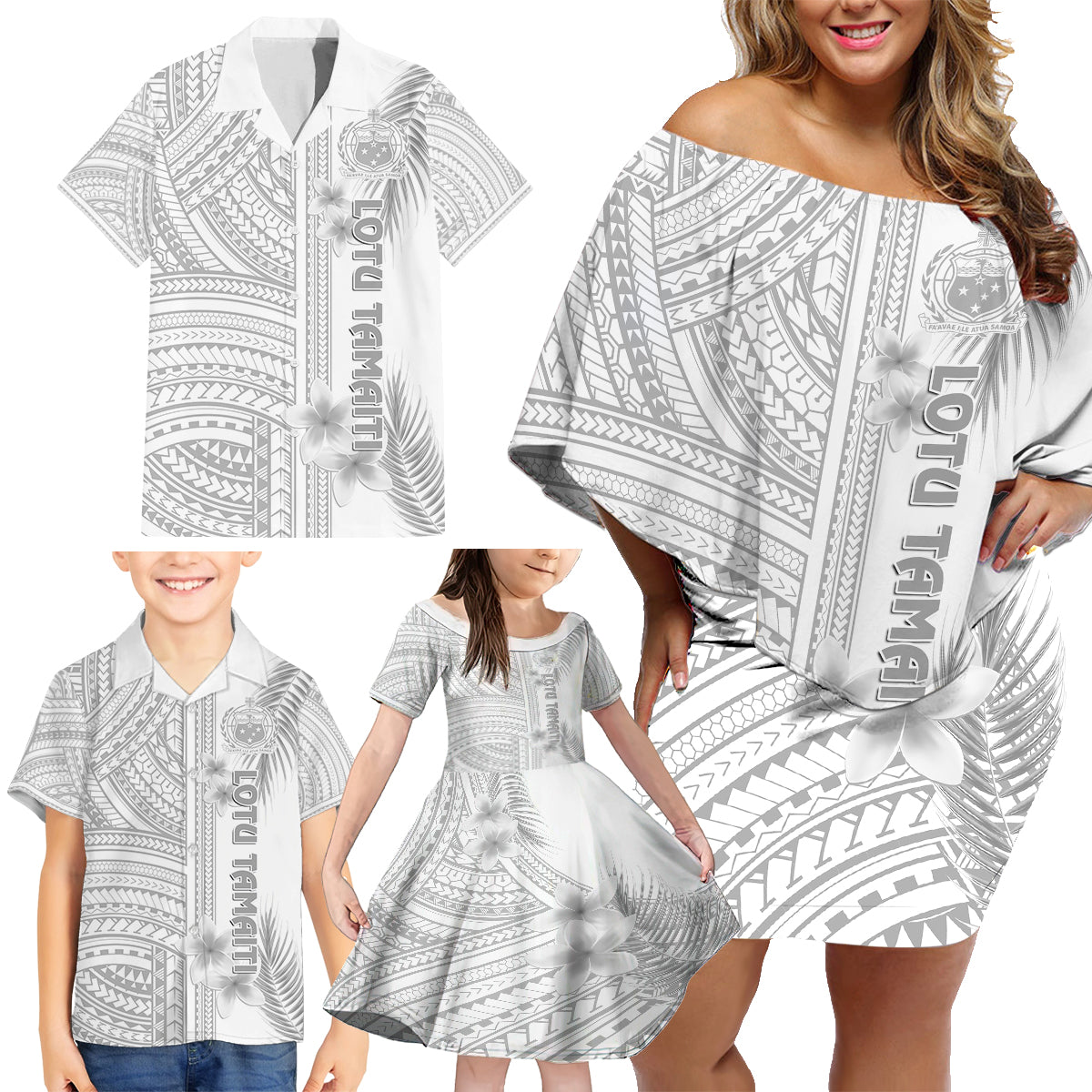 Personalised Samoa White Sunday Family Matching Off Shoulder Short Dress and Hawaiian Shirt Manuia le Aso Sa o Tamaiti Polynesian Plumeria LT14 - Polynesian Pride