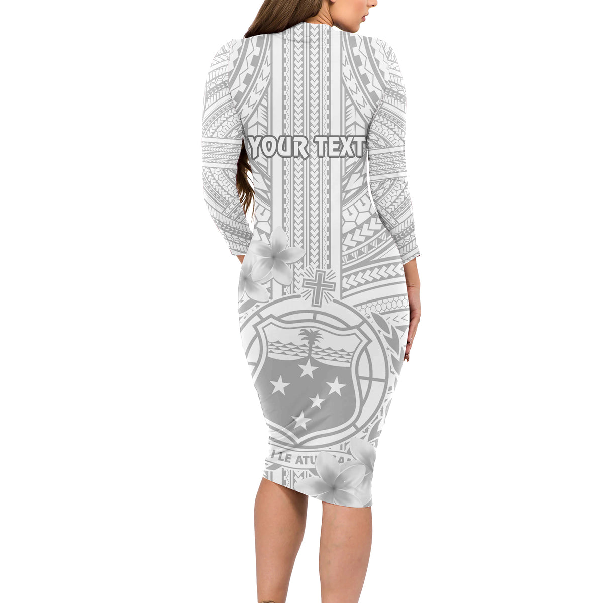 Personalised Samoa White Sunday Long Sleeve Bodycon Dress Manuia le Aso Sa o Tamaiti Polynesian Plumeria LT14 - Polynesian Pride