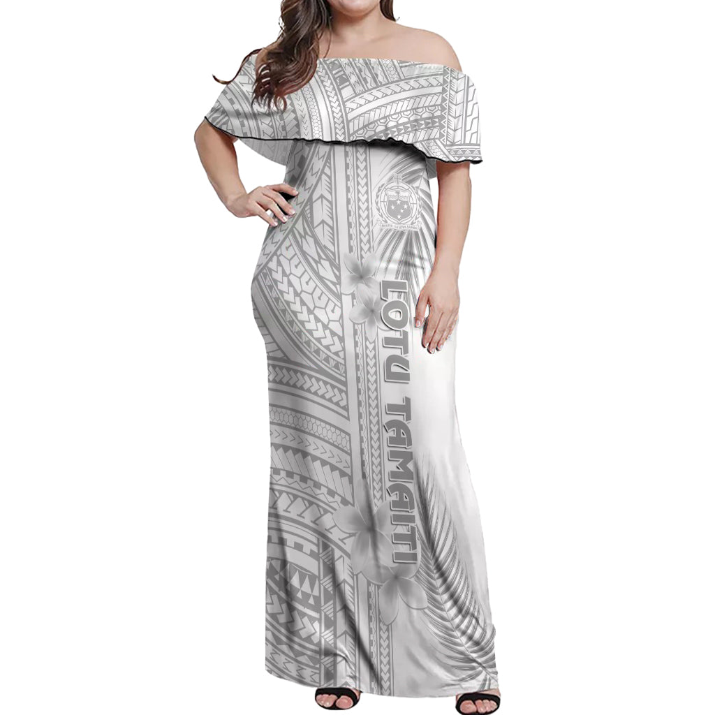 Personalised Samoa White Sunday Off Shoulder Maxi Dress Manuia le Aso Sa o Tamaiti Polynesian Plumeria LT14 Women White - Polynesian Pride