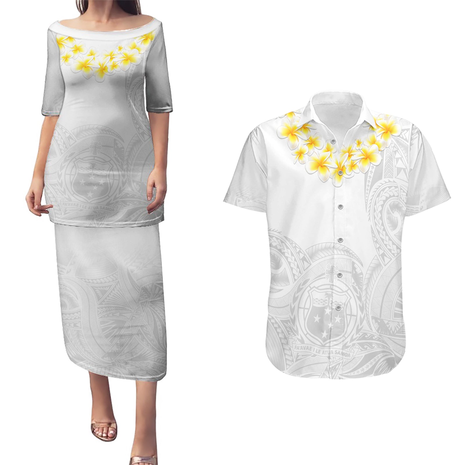 Personalised Samoa White Sunday Couples Matching Puletasi Dress and Hawaiian Shirt Lotu Tamaiti 2023 With Coat Of Arms LT14 White - Polynesian Pride