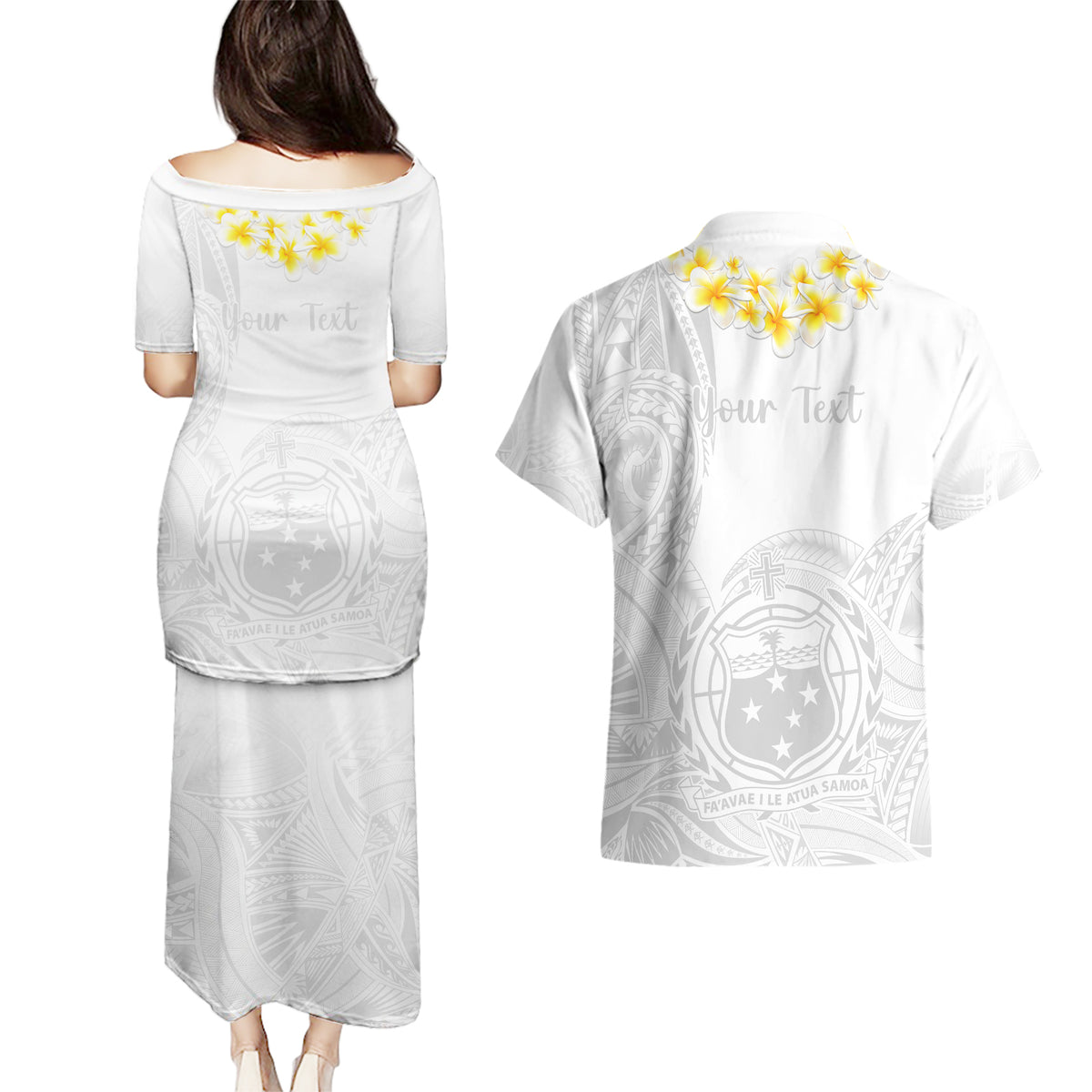 Personalised Samoa White Sunday Couples Matching Puletasi Dress and Hawaiian Shirt Lotu Tamaiti 2023 With Coat Of Arms LT14 - Polynesian Pride