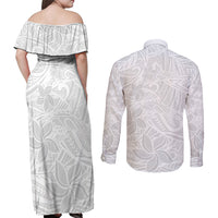 Polynesia White Sunday Couples Matching Off Shoulder Maxi Dress and Long Sleeve Button Shirts Polynesian Pattern With Tropical Flowers LT14 - Polynesian Pride