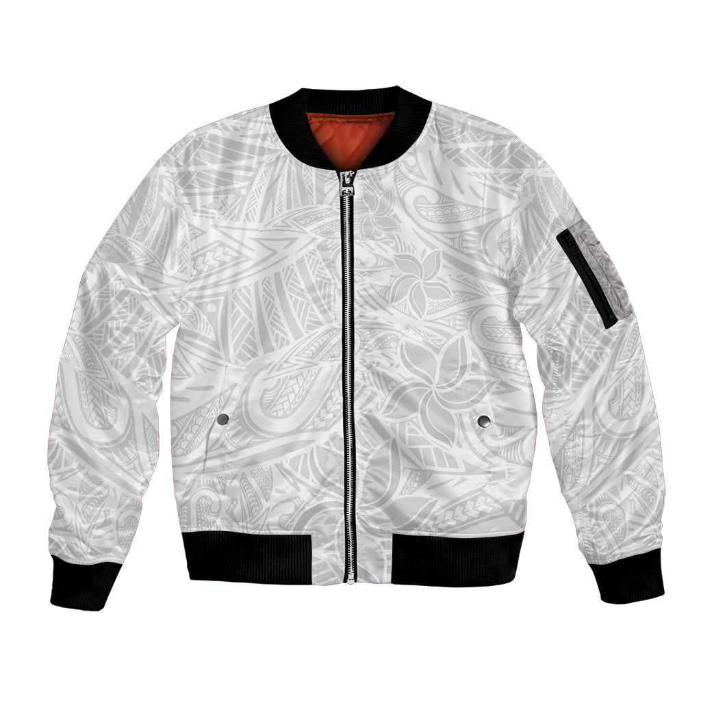 Polynesia White Sunday Sleeve Zip Bomber Jacket Polynesian Pattern With Tropical Flowers LT14 Unisex White - Polynesian Pride