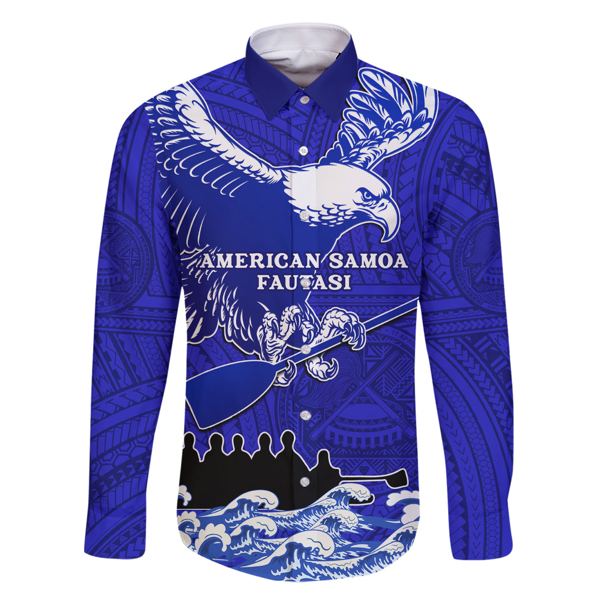 Personalised American Samoa Fautasi Race Family Matching Off Shoulder Short Dress and Hawaiian Shirt Eagle With Polynesian Pattern LT14 Dad's Shirt - Long Sleeve Blue - Polynesian Pride