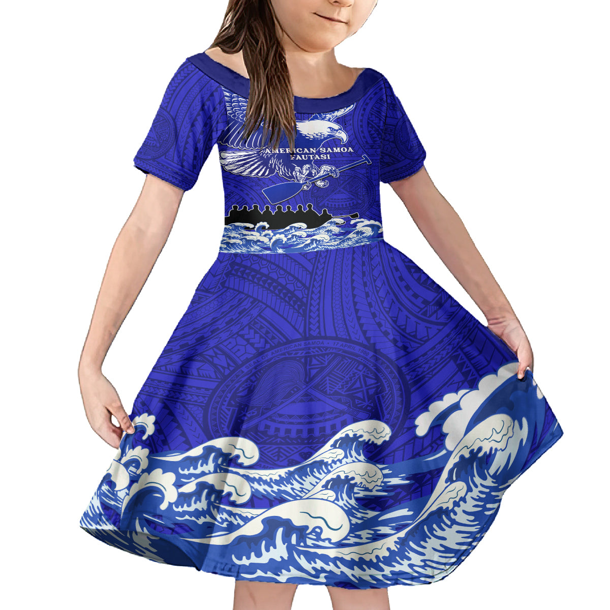 Personalised American Samoa Fautasi Race Family Matching Summer Maxi Dress and Hawaiian Shirt Eagle With Polynesian Pattern LT14 Daughter's Dress Blue - Polynesian Pride