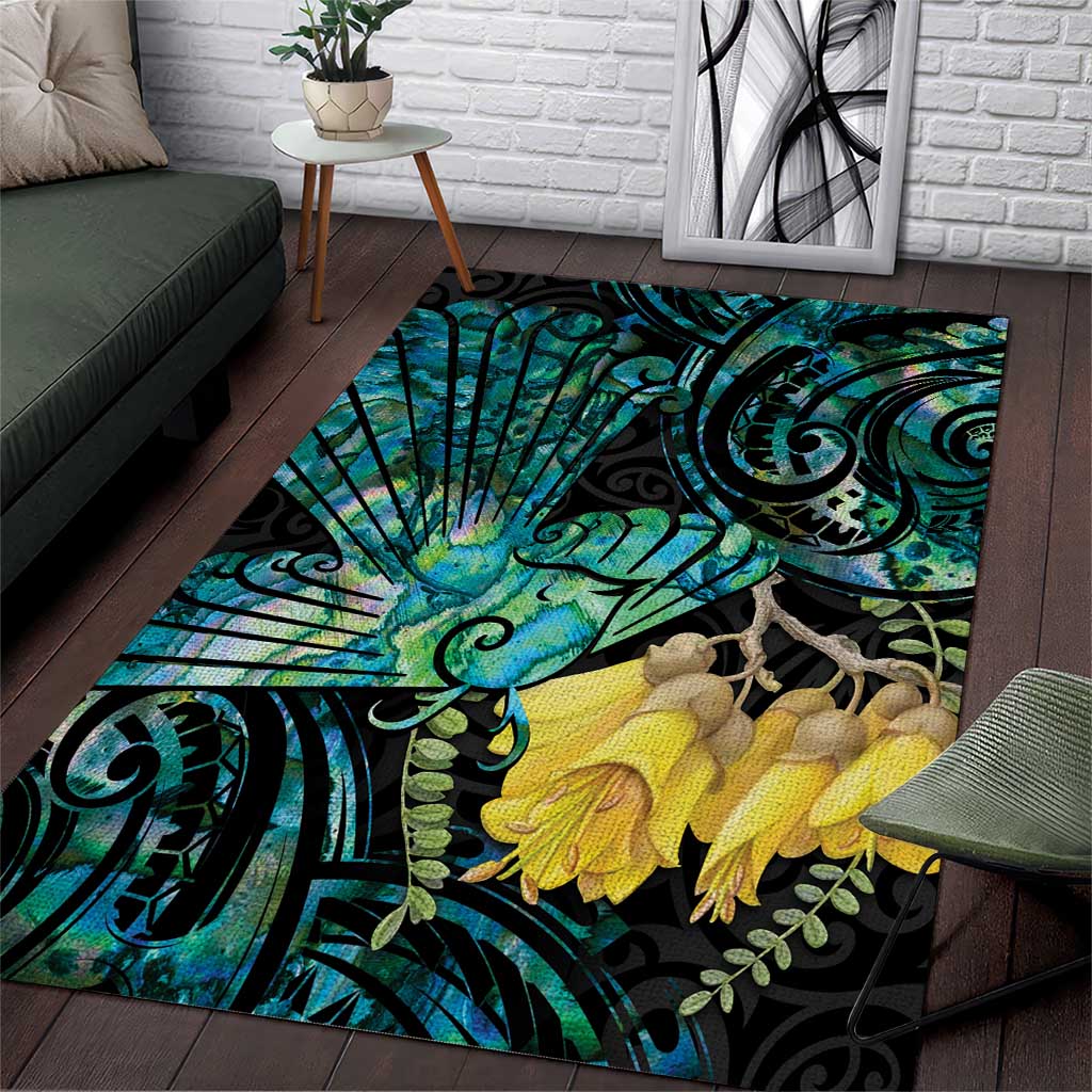 New Zealand Fantail Bird Area Rug Maori Piwakawaka Kowhai - Paua Shell Pattern LT14 Green - Polynesian Pride