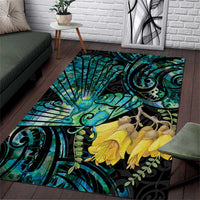 New Zealand Fantail Bird Area Rug Maori Piwakawaka Kowhai - Paua Shell Pattern LT14 Green - Polynesian Pride