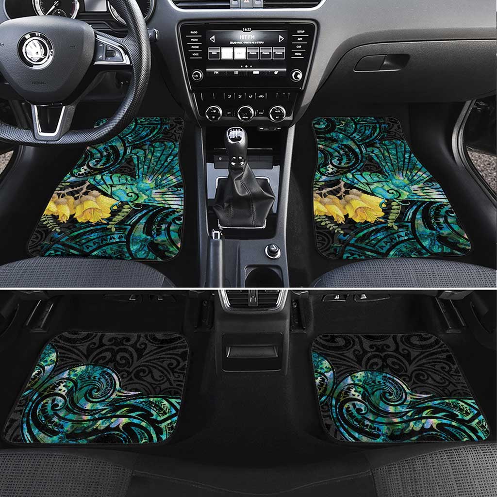 New Zealand Fantail Bird Car Mats Maori Piwakawaka Kowhai - Paua Shell Pattern LT14 Set 4pcs Green - Polynesian Pride