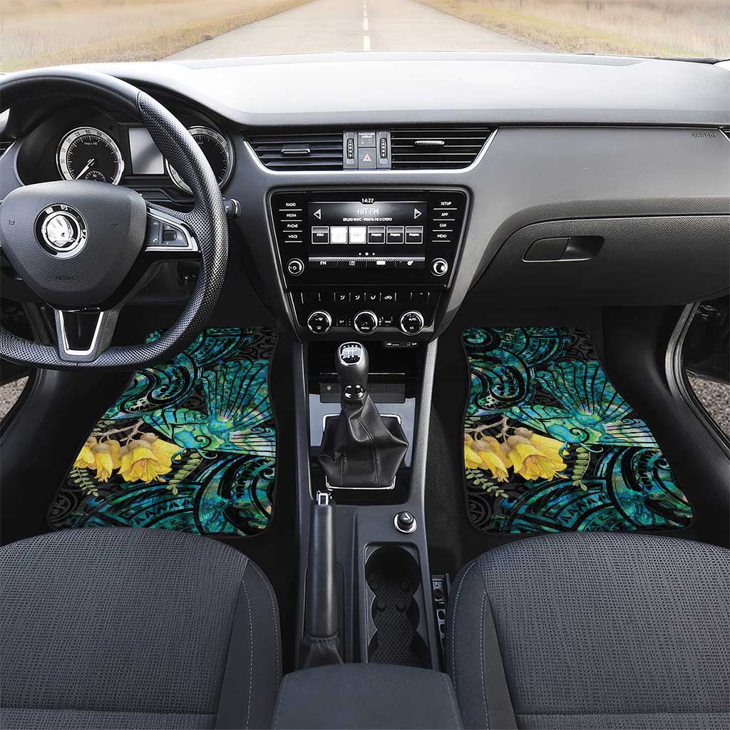 New Zealand Fantail Bird Car Mats Maori Piwakawaka Kowhai - Paua Shell Pattern LT14 Set 2pcs - Front Green - Polynesian Pride