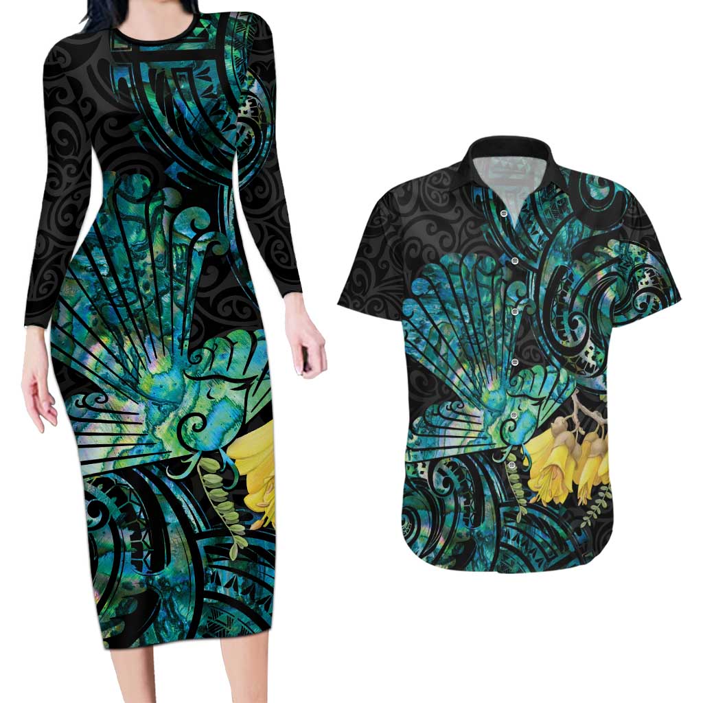 New Zealand Fantail Bird Couples Matching Long Sleeve Bodycon Dress and Hawaiian Shirt Maori Piwakawaka Kowhai - Paua Shell Pattern LT14 Green - Polynesian Pride