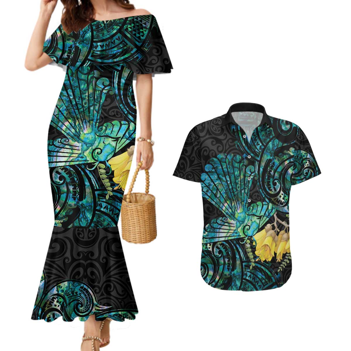 New Zealand Fantail Bird Couples Matching Mermaid Dress and Hawaiian Shirt Maori Piwakawaka Kowhai - Paua Shell Pattern LT14 Green - Polynesian Pride