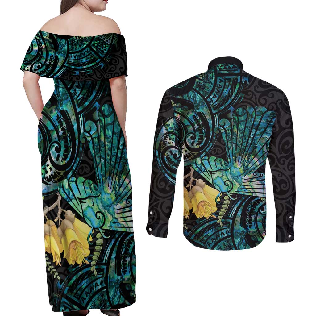 New Zealand Fantail Bird Couples Matching Off Shoulder Maxi Dress and Long Sleeve Button Shirt Maori Piwakawaka Kowhai - Paua Shell Pattern LT14 - Polynesian Pride