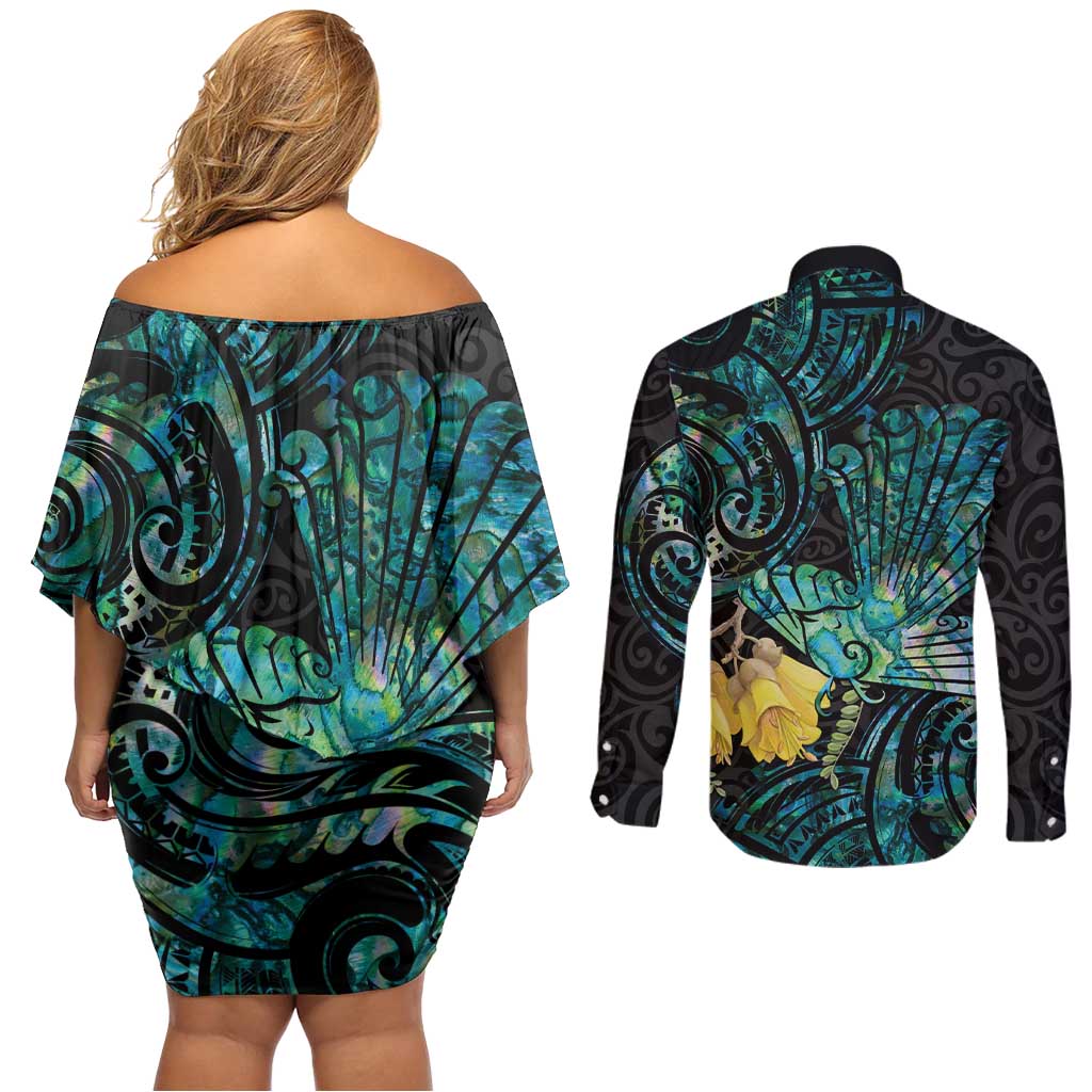 New Zealand Fantail Bird Couples Matching Off Shoulder Short Dress and Long Sleeve Button Shirt Maori Piwakawaka Kowhai - Paua Shell Pattern LT14 - Polynesian Pride