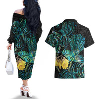 New Zealand Fantail Bird Couples Matching Off The Shoulder Long Sleeve Dress and Hawaiian Shirt Maori Piwakawaka Kowhai - Paua Shell Pattern LT14 - Polynesian Pride