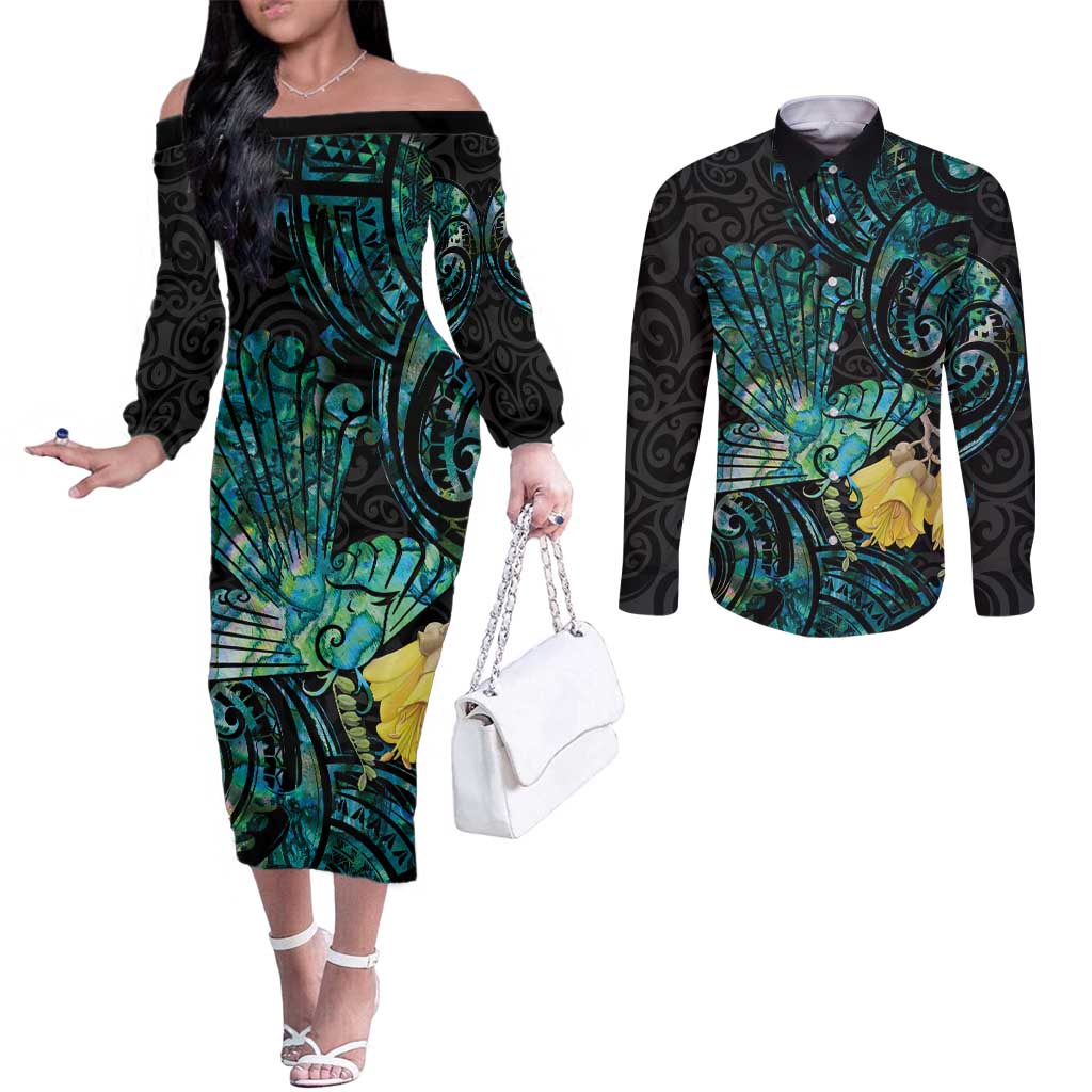 New Zealand Fantail Bird Couples Matching Off The Shoulder Long Sleeve Dress and Long Sleeve Button Shirt Maori Piwakawaka Kowhai - Paua Shell Pattern LT14 Green - Polynesian Pride