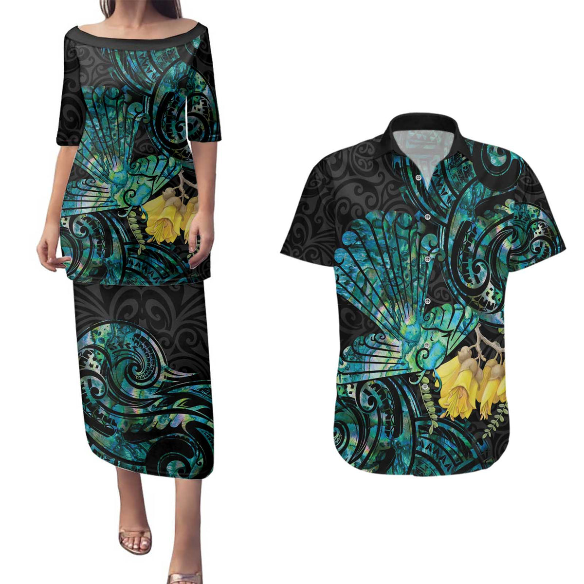 New Zealand Fantail Bird Couples Matching Puletasi and Hawaiian Shirt Maori Piwakawaka Kowhai - Paua Shell Pattern LT14 Green - Polynesian Pride