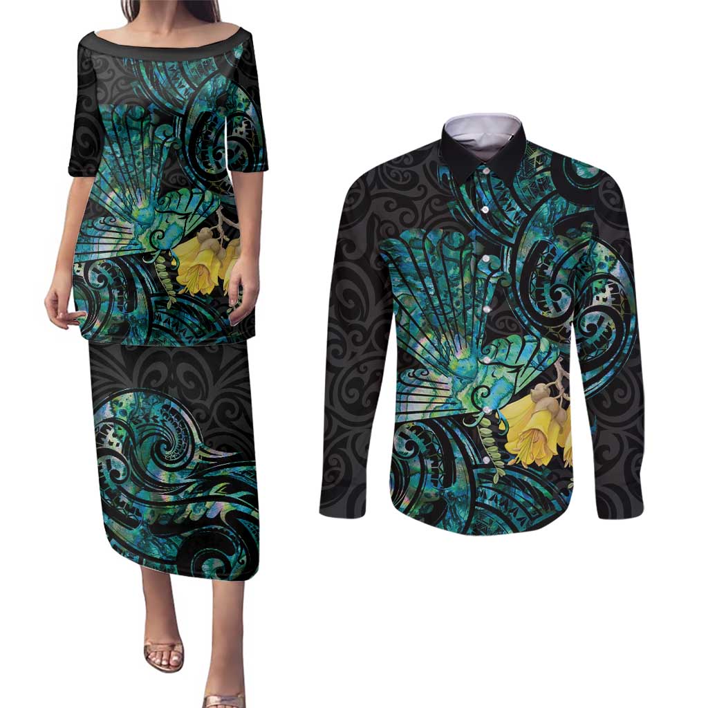 New Zealand Fantail Bird Couples Matching Puletasi and Long Sleeve Button Shirt Maori Piwakawaka Kowhai - Paua Shell Pattern LT14 Green - Polynesian Pride