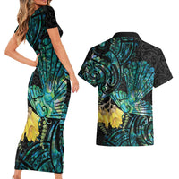New Zealand Fantail Bird Couples Matching Short Sleeve Bodycon Dress and Hawaiian Shirt Maori Piwakawaka Kowhai - Paua Shell Pattern LT14 - Polynesian Pride
